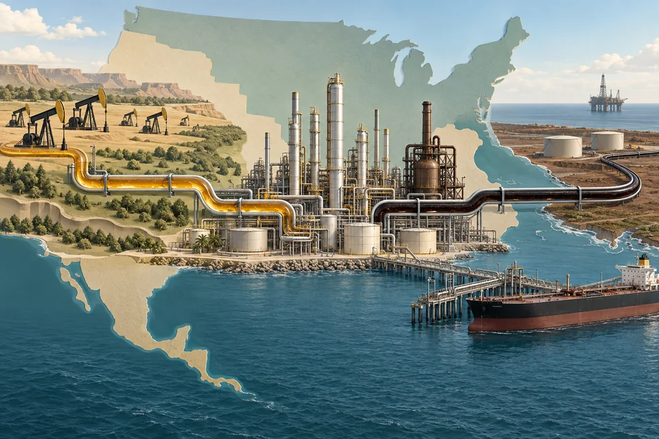 Light domestic crude and heavy imported crude flowing into a complex US refinery
