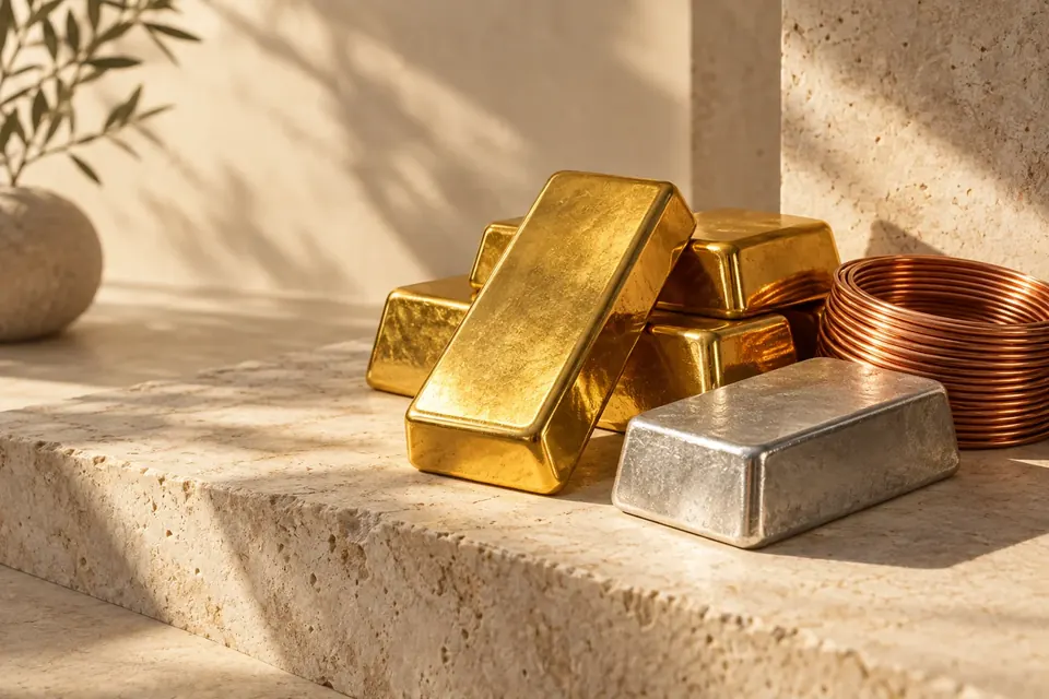 Gold, silver and copper still life